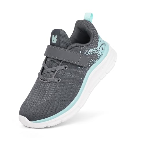 Tobfis Boys Girls Kids Arch Support Strap Running Athletic Tennis Shoes Breathable School Walking Sneakers,Knit Grey Green,1 M US Little Kid