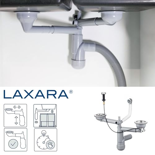 LAXARA Flexlok mit Exzenterbedienung & Spülbeckenauslass Ø 114 mm Siebkorbventil | Ablaufgarnitur mit Drehknopf | Siphon Spüle platzsparend | Edelstahloptik | (2 Becken rund ohne Ablaufrohr)