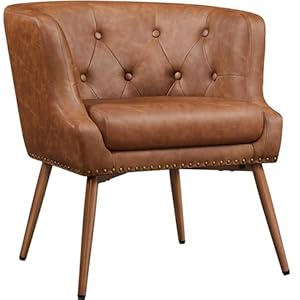 Yaheetech Modern Accent Chair, PU Leather Retro Armchair, Upholstered Barrel Chair with Metal Leg and Comfy Seat Cushion for Living Room Bedroom, Retro Brown