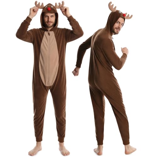 SLEEPHERO Men’s Fleece Onesie – Full Zip Hooded Union Suit – Soft Adult One-Piece Year-Round Lounge Set Reindeer Medium
