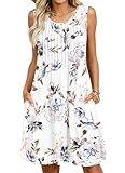 MOLERANI Damen Sommerkleid Ärmellos Strandkleid Knielang Freizeitkleider Rundhals Midi Kleid mit Taschen weiße Blume 2XL