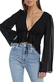 Hilinker Women's Deep V Neck Long Sleeve Crop Top Tie Up Open Front Blouse Shirt Black Medium