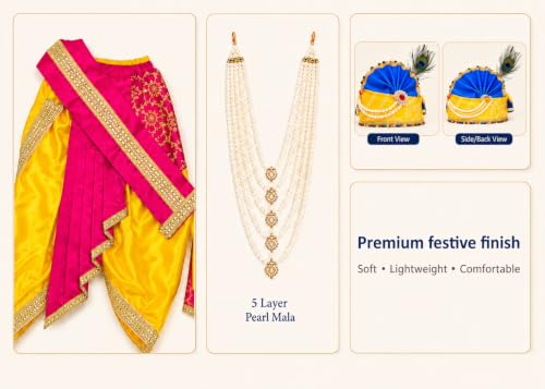 Image of Sarvda Krishna & Radha Dress for Kids - Complete Janmashtami Costume Sets with Dhoti /Lehenga, Mukut, Mor Pankh, Bansuri & Accessories | Fancy Dress for Baby Boys & Girls