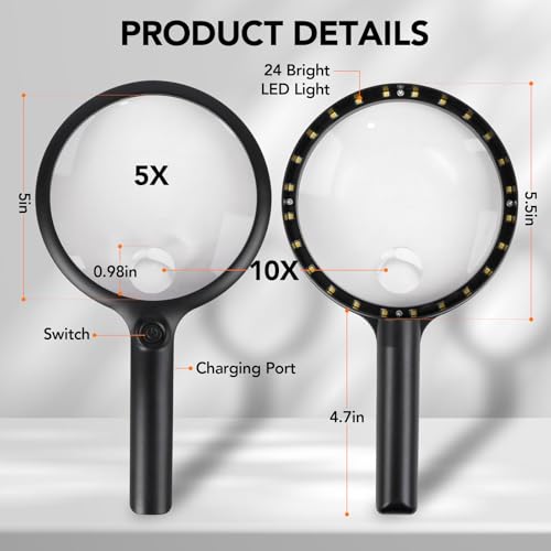2000mAh Rechargeable Magnifying Glass with Light, 5X/10X Large Handheld Lighted Magnifier, 24 LEDs, 3 Light Modes, Reading Aid for Seniors & Low Vision (Black)
