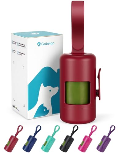 Gobeigo Dog Poop Bag Holder【Convenient Hook for Used Bags】【Silicone Strap Fits Any Leash】【Large Opening for Easy Dispensing】with 1 Roll Waste Bags (Red)