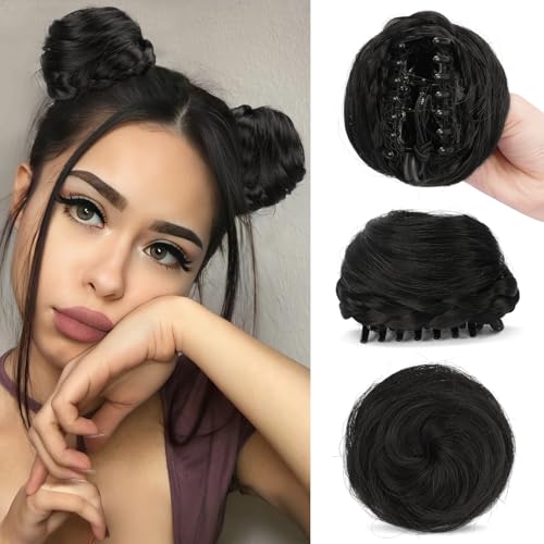 SOFEIYAN 2PCS Mini Claw Clip in Hair Bun Braid Messy Cat Ears Hair Bun Extension Synthetic Donut Wig Accessory Updo Space Bun Braid Hair Pieces for Women Girls, Natural Black