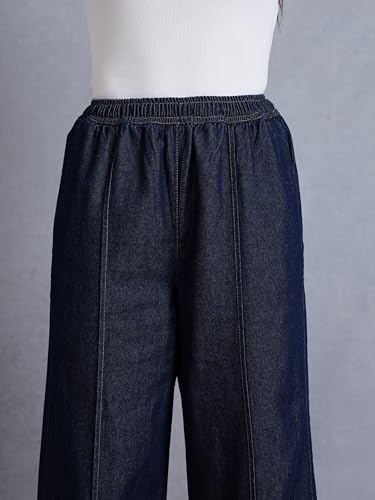 Image of INKD Women's Wide Leg Jeans- 100% Cotton | Mid-Rise | Elasticated Waistband | Pintuck Details | Comfort Fit | Palazzo Pants for Women | Lightweight Denim for Summers (Available in Plus Sizes)