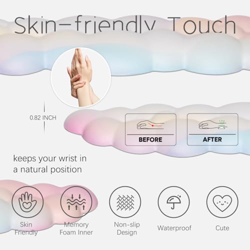 Image of Cloud Wrist Rest Keyboard Palm Rest with Non-Slip Base for Computer Gaming Wrist Rest, YAMJUG Cloud Arm Rest Keyboard Wrist Pad Rainbow | Full 4-Piece Set, Non-Slip PU Base, Soft Memory Foam Comfort For Long Work /Gaming Hours, Cute Desk Decor, Easy To Clean