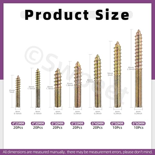 Image of Swpeet 120Pcs 7 Sizes Color Zinc Hanger Bolts Assortment Kit, Double Headed Bolts, Self-Tapping Screw Hanger Bolts, Dowel Screw Bolts Threaded Rods Bolt Furniture Screws for Wood Furniture Joint
