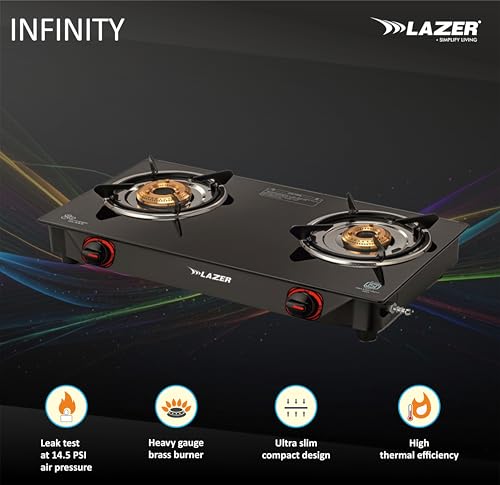 Image of Lazer Infinity Slim Toughened Glass ISI Certified, Brass Manual gnition Stove Ergonomic Knob with 1 Year Warranty Pan India Service (Black)