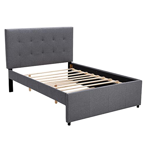 civama Full Size Bed Frame with Trundle, Upholstered Linen Platform Frame Bed with Wood Slats Support, Full Size Daybed with Headboard and Footboard,No Box Spring Needed, Gray