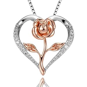 Rose Gold Flower Pendant Necklace with Heart, Silver & Rose. Unique Gift for Mom or Wife, Birthday, Christmas, Mother’s Day
