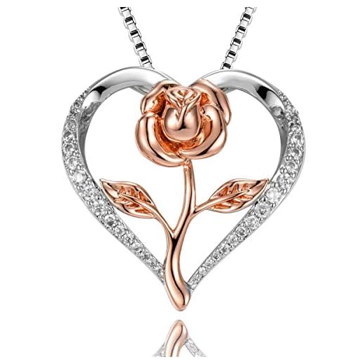 Klurent Rose Necklace for Women, 14K White Rose Gold Flower Silver Heart Pendant with 5A Cubic Zirconia Necklace Gift For Thanksgiving Christmas, New Year.