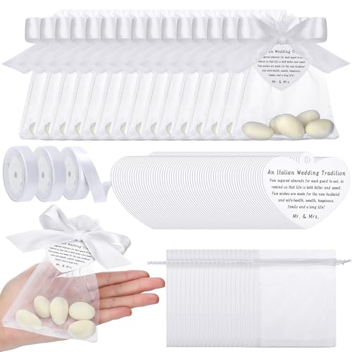 Fullhawl 303 Pcs 150 Sets Wedding Italian Almond Favors for Guests Include Five Wishes Traditional Tags Organza Bags Ribbon Italian Greek Wedding Tradition Gifts for Engagement (Almond Not Include)