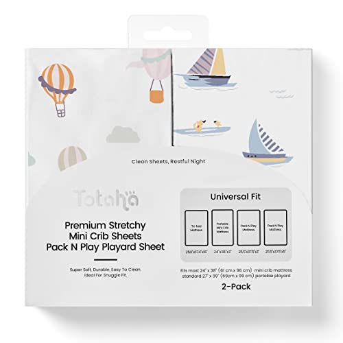 Image of TotAha Premium Stretchy Pack N Play Playard Sheets | Mini Crib Sheets (2-Pack)-Hypoallergenic, Silky Comfort, Buttery Soft, Calming Effect, All-Season Jersey-Knit Sheets 38 X 24 (Balloon & Sailboat)