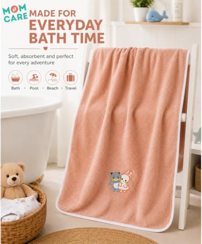 Image of MOM CARE Baby Kids Bath Towel 70x140 cm, Soft Microfiber, Quick Dry Peach