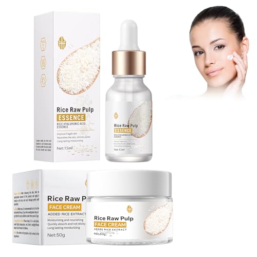 Hppsctink Extrato de arroz, 15 ml essência anti-rugas de arroz e 50 g creme facial de arroz, nutrir e reparar a barreira cutânea, reduz a pigmentação, hidratação profunda, creme