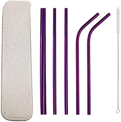 JASHII 5 popotes de acero inoxidable 304 reutilizables morados, portátiles, de metal, recto, con caja y cepillo de limpieza para viajes, campamento
