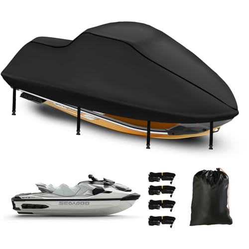 3 Seater Waterproof Jet Ski Covers, Upgraded 420D Heavy Duty Nano Coating PWC Cover,2 Air Vent Marine Grade UV Resistant for Waverunner Polaris from 116" to 125"(Black) by DOCEPERT - Used condition - CA$43.79