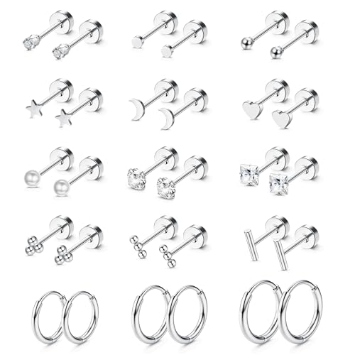 Minnario Hypoallergenic Surgical Steel Earrings for Women Men 14K Gold Plated Star Pearl Ball CZ Flat Back Cartilage Helix Earring Sets, Silver -  ME0006-Silver