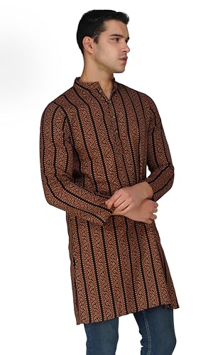 Image of Vastraa Fusion Men's Printed Kurta Pure Cotton Long Kurta, Round Collar, Full Sleeves, Button Kurta, Ethnic Wear