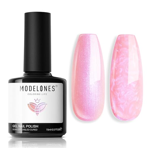Modelones Pearl Pink Gel Nail Polish, 15ML 1Pc Shimmer Pearl Pink Nail Polish Drawing Glitter Gel Polish Soak Off Led Summer Nail Varnish Swirl Shell Thread Effect DIY Gift for Girls Women
