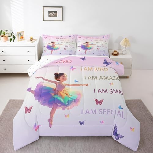 Feelyou Ballet Dance Girl Bedding Set Fantasy Dancing Dress Comforter Set for Kids Boys Girls Dreamy Purple Comforter Butterflies Quilt Set Bedroom Collection 2Pcs Twin Size — view 5