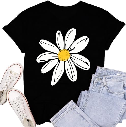Image of Cutesong Womens Daisy Flower Shirts Marguerite Wildflower T-Shirt Positive Floral Life Tee Tops Black