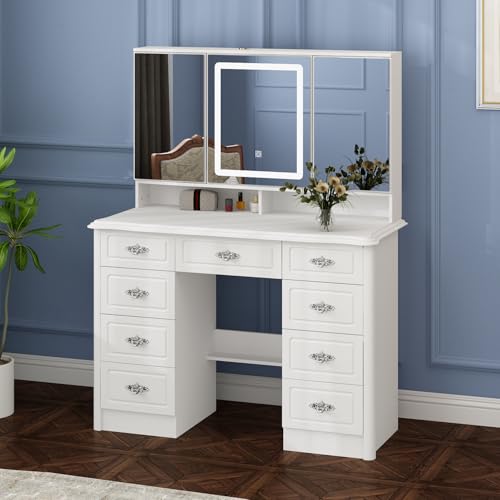 ROMSHINE White Vanity Desk Trifold Mirrors & LED Light,