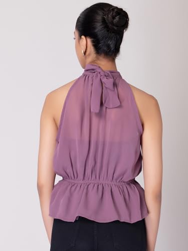 Image of FabAlley Women's Solid Regular Fit Purple Halter Neck Back Tie Up Peplum Blouse