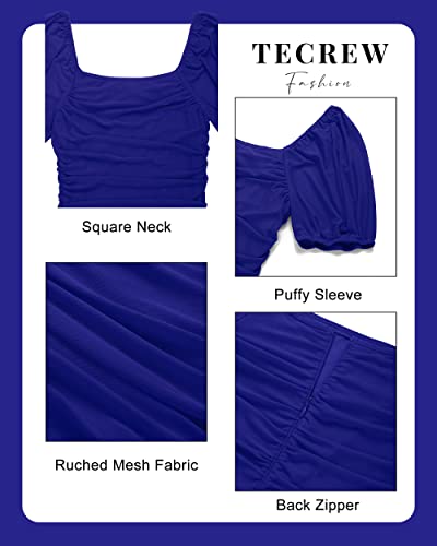 Tecrew Women's 2023 Summer Sheer Sleeve Ruched Bodycon Short Dress Stretchy Solid Color Dresses, Royalblue, Medium #TOP6