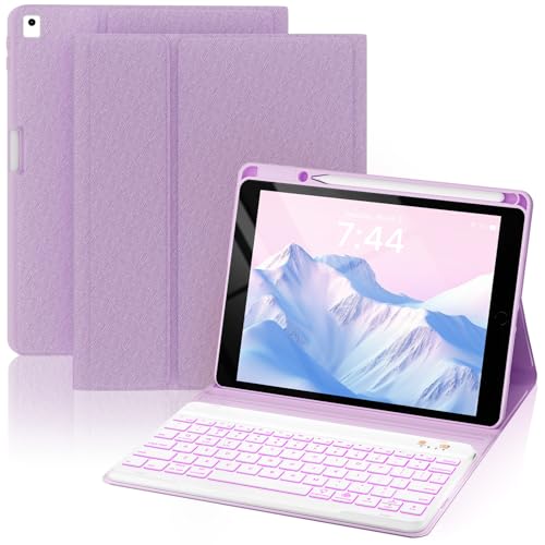 OYEEICE Keyboard Case for iPad 9th/8th/7th Generation 10.2'' (2021/2020/2019) and iPad Air 3rd Gen 2019, Detachable 7 Color Backlit Wireless Keyboard with Pen Holder - Purple