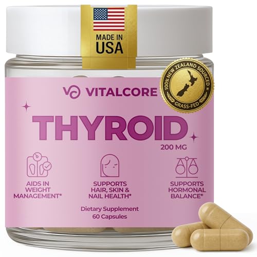 Vital Core Desiccated Thyroid Supplement 200mg | Made in USA | Grass-Fed, New Zealand Sourced Bovine Thyroid Support for Women, Energy & Metabolism Boost, Mood Balance & Sleep Relief – 60 Capsules