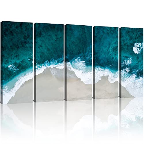 Blue Beach Wall Decor for Living Room White Sea Waves Wall Art Ocean Waves Seascape Canvas Prints Pictures Coastal View Paintings for Bedroom Bathroom Modern Artwork Home Decorations 12x32” 5 Pieces