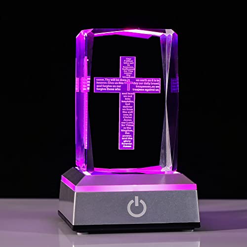 Bahujida 3D Laser Engraved Crystal Crucifix Bible Verse Praye With Colorful Light Base, The Lord Desk Lamps Room Home Cross Decor Xmas Birthday Easter Gifts #TOP1