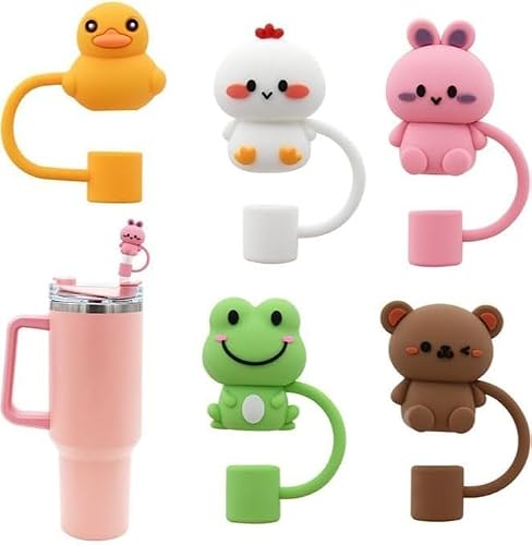 SAKINU Silicone Straw Cover Cap for Stanley Cup, Cute Cartoon Animal Topper, Compatible with 30 & 40 Oz Tumbler, 5 Pack