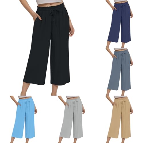Wide Leg Capri Pants for Women Loose High Waisted Elastic Cotton Linen Pants Drawstring Casual Trousers with Pockets