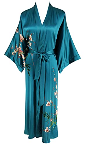 Ledamon Women's 100% Silk Kimono Long Robe For Women (Dark green-A)