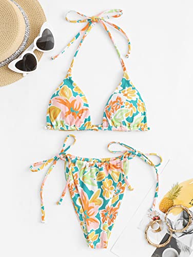 Image of ZAFUL Womens Printed Triangle Bikinis 2 Piece Halter Bikini Sets High Cut Bathing Suit Side Tie Swimsuits