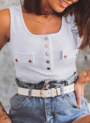 Dokotoo Womens Ladies Cute Ribbed Thick Strap Low Cut Button Down Collar Tight Slimming Fitted Sleeveless Shirts Sports Workout Long Tank Tops Activewear Tops Knit Blouses White L #TOP1