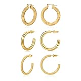 3 Pair 14K Plated Chunky Gold Hoop Earrings for Women,Small Gold Hoop Earrings,14k Gold Hoop Earring