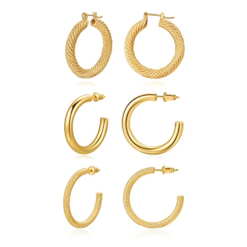 3 Pair 14K Plated Chunky Gold Hoop Earrings For Women,Small Gold Hoop Earrings,14K Gold Hoop Earrings,Gold Huggie Earrings,Gold Plated Hoop Earrings #TOP9