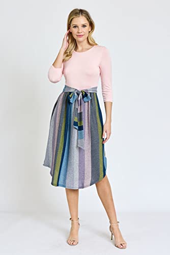Image of Eloges Women's 3 /4 Sleeve Contrast Waist Band Floral Curved Hem Midi Dress