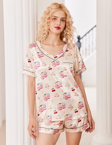 Image of Ekouaer Silk Pajama for Women Short Sleeve Satin Pj Set Two Piece Soft Sleepwear Loungewear S-XXL