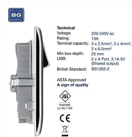 BG Electrical Double Switched Fast Charging Power Socket with Two USB Charging Ports, 13 A, Polished Chrome & Electrical Double Switched Power Socket with White Inserts, Polished Chrome, 13 Amp