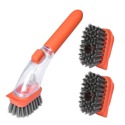 Image of Dish Brushes with Soap Dispenser with Handle-Kitchen Scrubber Brushed-1*Handle & 3*Brush Head(Orange)