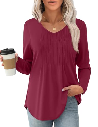JUSTFASHIONNOW Winter Tops for Women V Neck Long Sleeve Shirts Pleated Plus Size Tunic Tops Peplum Dressy Blouses Women's Christmas Work Clothes Trendy 2025 (Wine Red, XX-Large) — view 4
