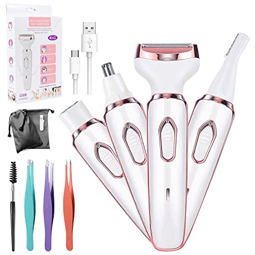 Fresion Electric Lady Shaver, Cordless 4-in-1 Electric Shaver for Women,Painless and Portable Bikini Trimmer Wet & Dry Hair Removal for Face Legs Underarm Nose and Eyebrow, Extra 4 Comb Tweezers