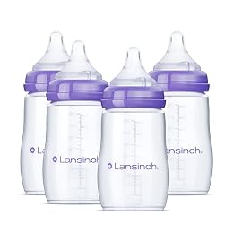 Lansinoh Anti-Colic Baby Bottles, BPA-Free Plastic, 8 Ounces, 4 Count, Medium Flow Nipples (Size M), Breastfeeding Bottle with NaturalWave Design