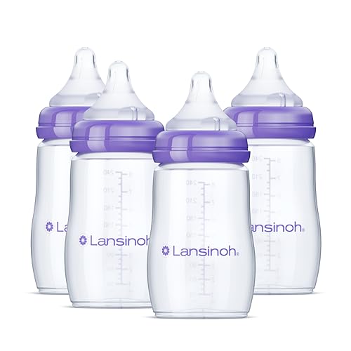 Image of Lansinoh Anti-Colic Baby Bottles, BPA-Free Plastic, 8 Ounces, 4 Count, Medium Flow Nipples (Size M), Breastfeeding Bottle with NaturalWave Design